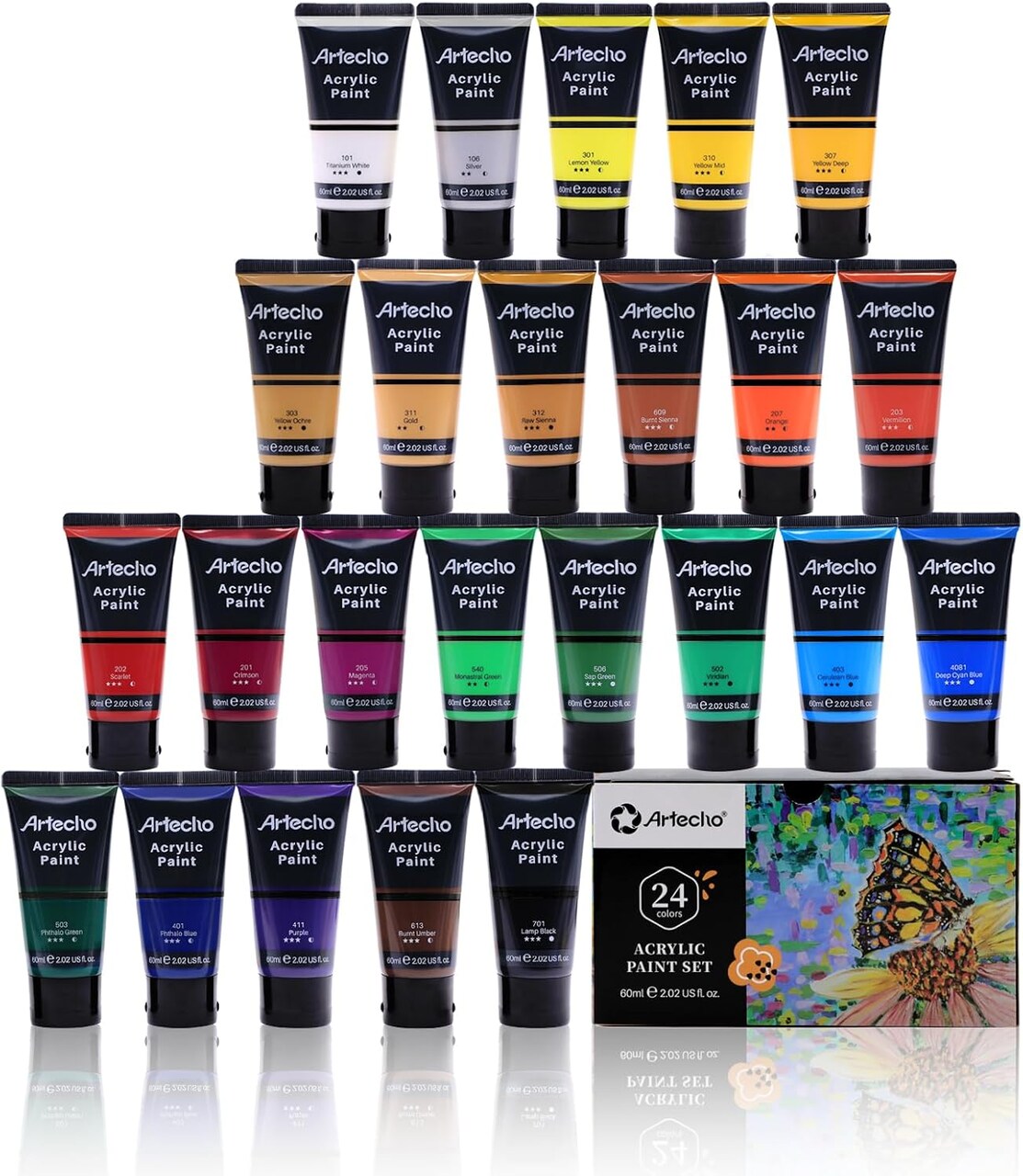 Acrylic Paint Set, 24 Basic Colors Tubes (60ml / 2.02oz) Art Craft Paints for Canvas, Rock, Wood, Fabric, Art Supplies